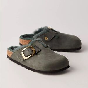 NEW! Birkenstock Boston Big Buckle Shearling Clog Mule Olive Green Size 8.5/EU39